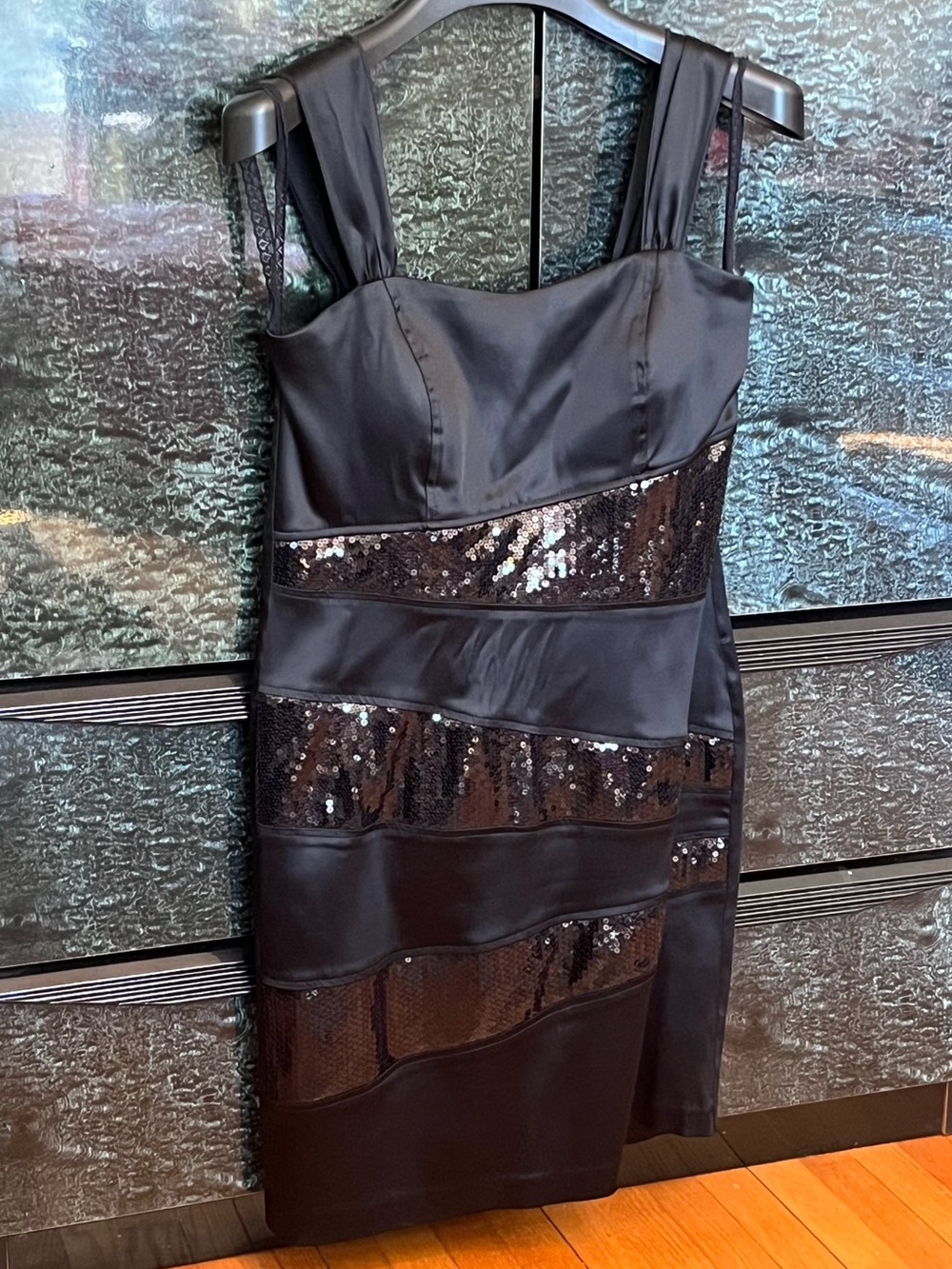 Vintage Black Sequin-Stripe Midi Cocktail Dress